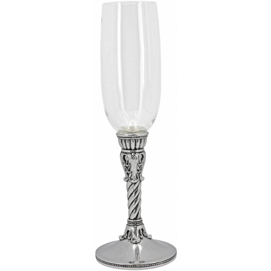Brighton champagne flute with clear glass bowl and ornate chrome twisted stem and base on a white background
