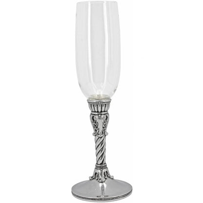 Brighton champagne flute with clear glass bowl and ornate chrome twisted stem and base on a white background