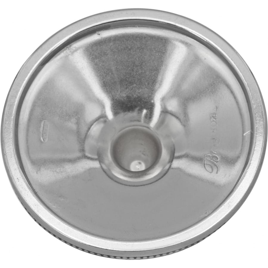 Brighton round chrome-finish lid shown from above with concave center and engraved script detail on a white background