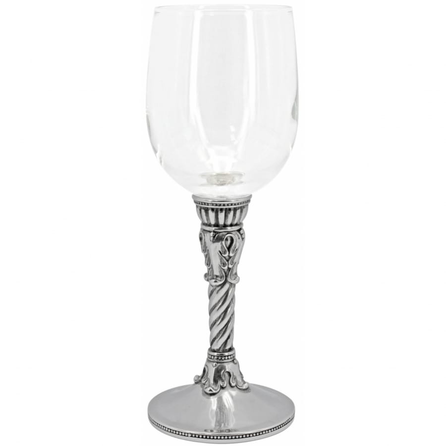 Brighton wine glass with ornate chrome twisted stem, beaded accents, and clear glass bowl on a white background