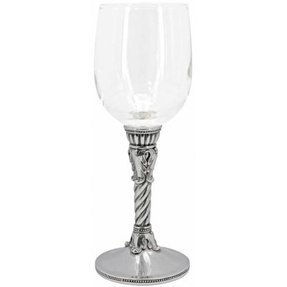 Brighton wine glass with ornate chrome twisted stem, beaded accents, and clear glass bowl on a white background