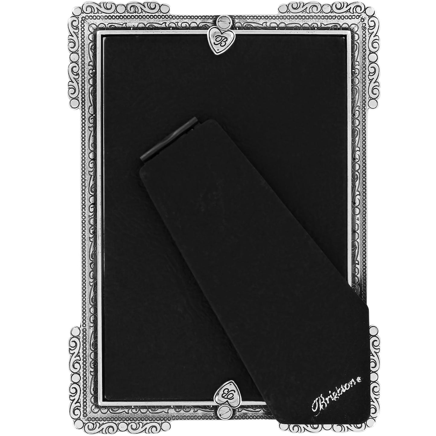 Brighton picture frame shown from the back with silver-plated ornate scroll border and black velvet easel stand on a white background