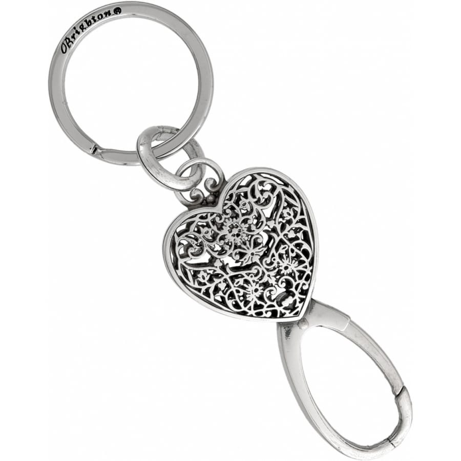 Brighton keychain with silver-plated filigree heart pendant, split ring, and clip closure on a white background