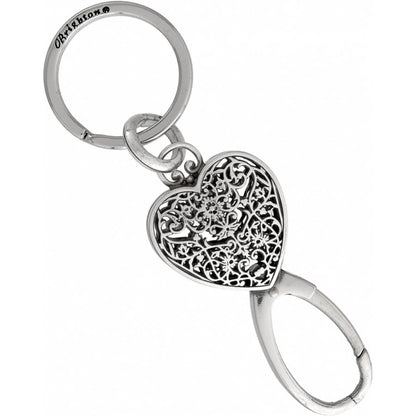 Brighton keychain with silver-plated filigree heart pendant, split ring, and clip closure on a white background