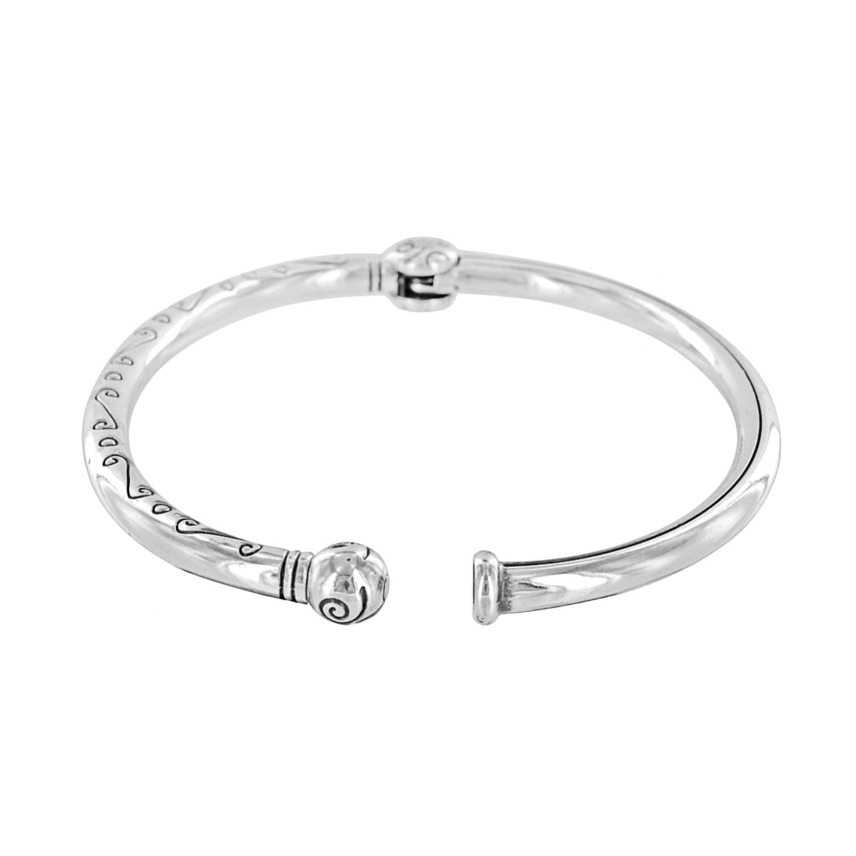 Brighton hinged cuff bracelet with silver-plated finish, scroll engraving, and decorative ball end on a white background