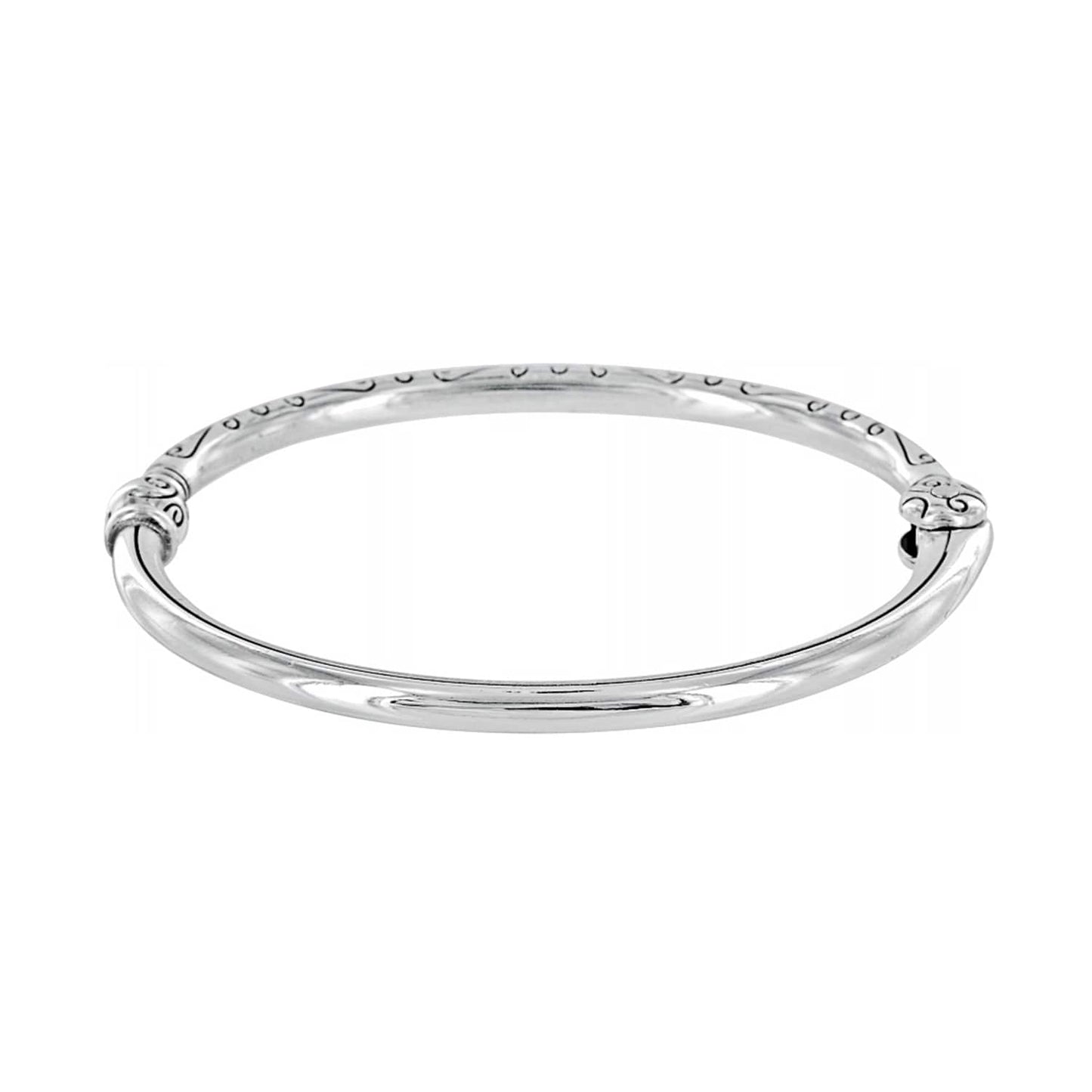 Brighton bangle bracelet with silver-plated finish and engraved scroll detailing along the top on a white background