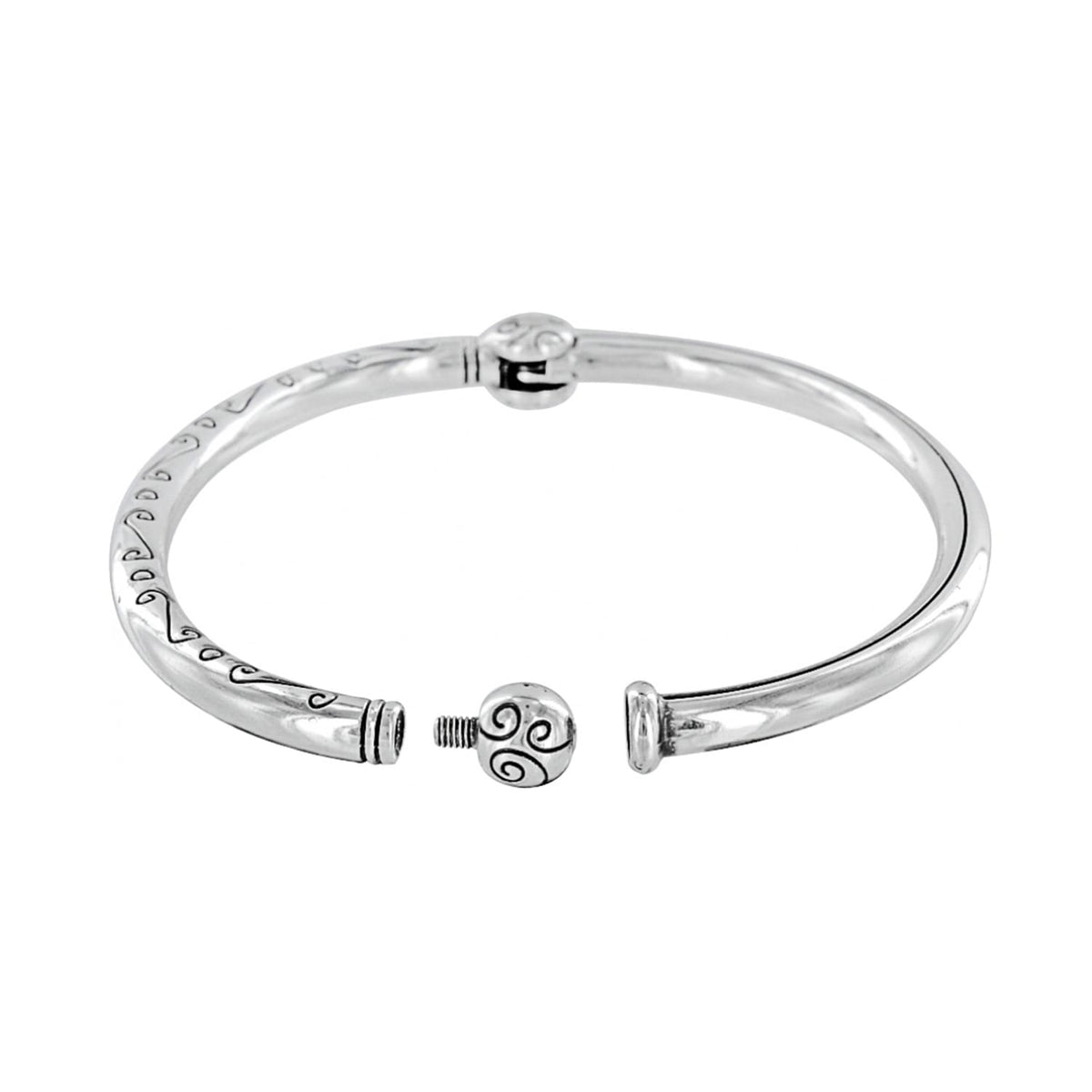 Brighton bangle bracelet shown open with silver-plated finish, engraved scroll detail, and decorative ball clasp on a white background