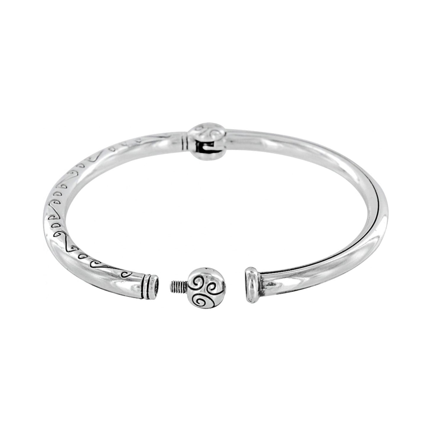 Brighton bangle bracelet shown open with silver-plated finish, engraved scroll detail, and decorative ball clasp on a white background