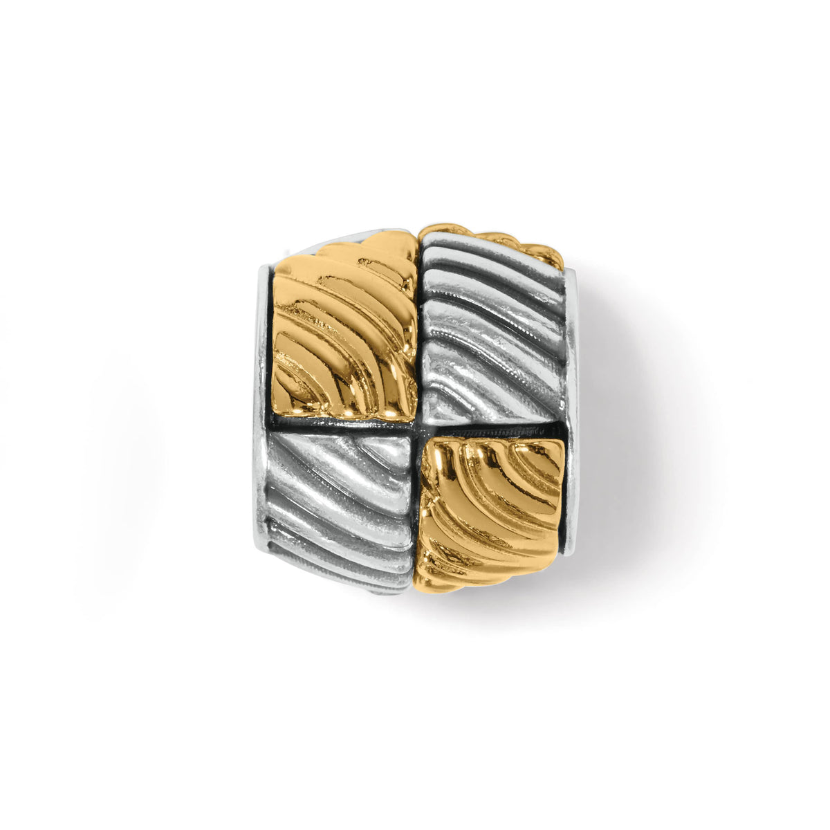 Brighton bead charm with two-tone silver and gold ribbed quadrant design in checkerboard pattern on a white background
