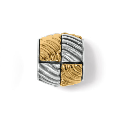 Brighton bead charm with two-tone silver and gold ribbed quadrant design in checkerboard pattern on a white background