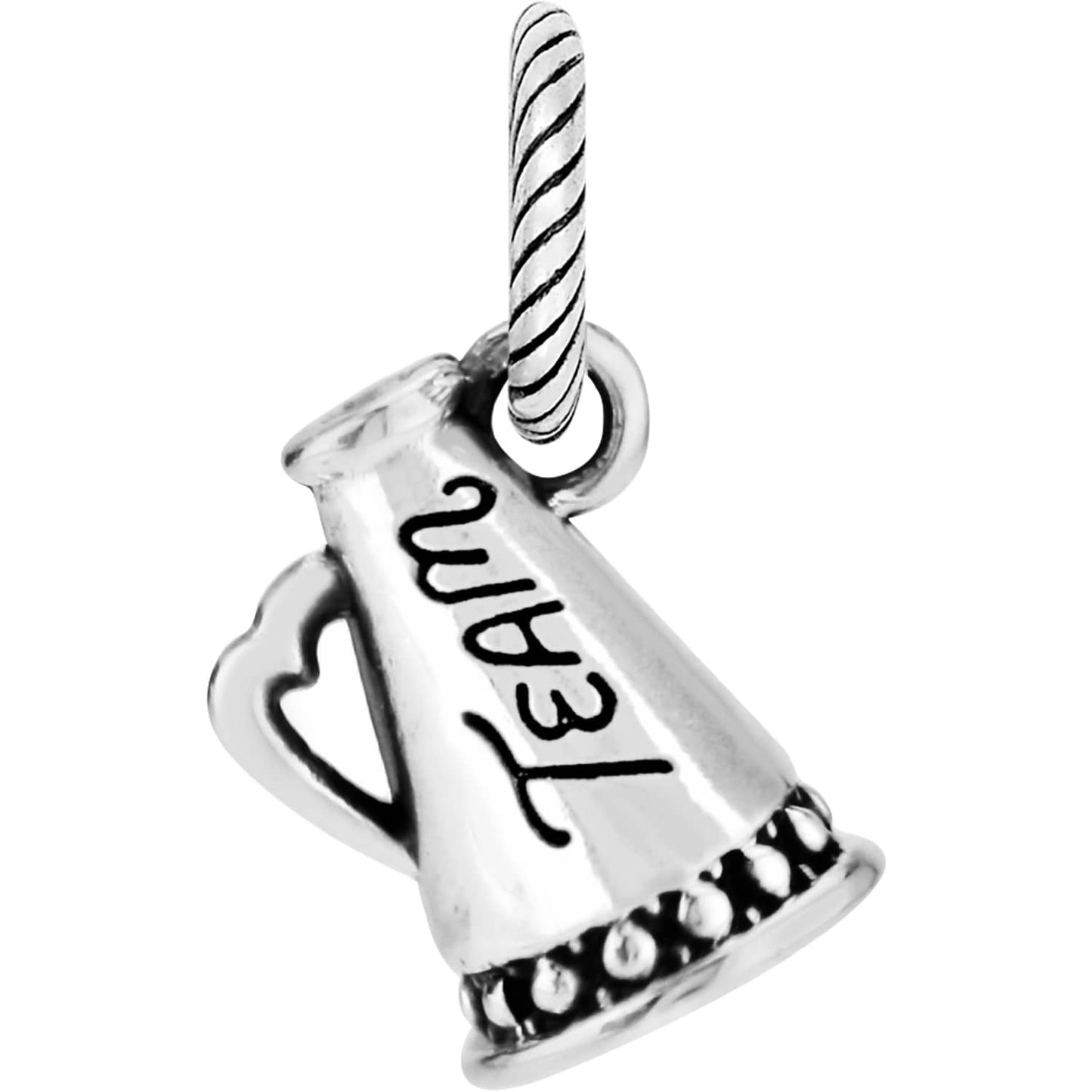 Brighton megaphone charm with silver-plated finish, engraved Team script, heart handle, and beaded trim on a white background