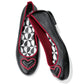 Brighton black leather ballet flats with red trim, heart appliqués, crystal accents, and geometric printed lining on a white background