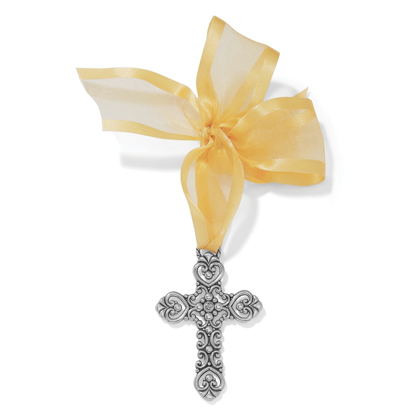 Brighton ornament with silver-plated scrollwork cross pendant and yellow sheer ribbon bow on a white background