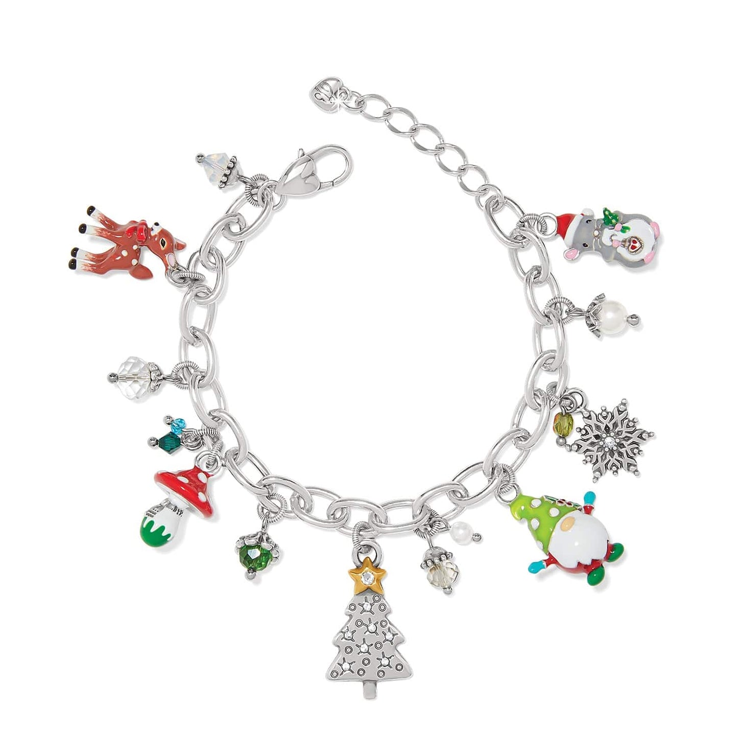 Brighton silver-plated charm bracelet with enamel Christmas charms including reindeer, tree, snowflake, and gnome on a white background