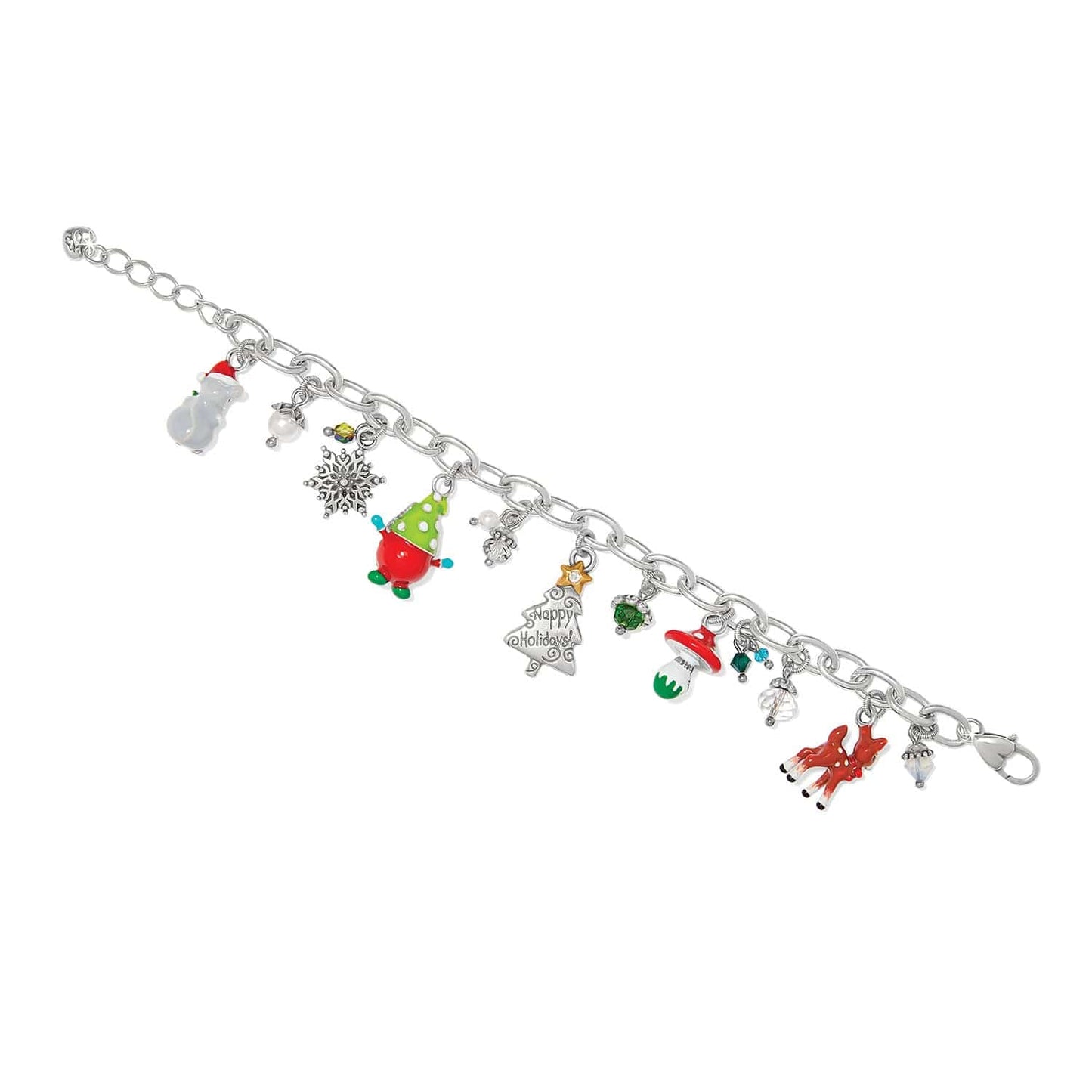 Brighton silver-plated charm bracelet with enamel holiday charms, crystals, snowflake, tree, and reindeer on a white background