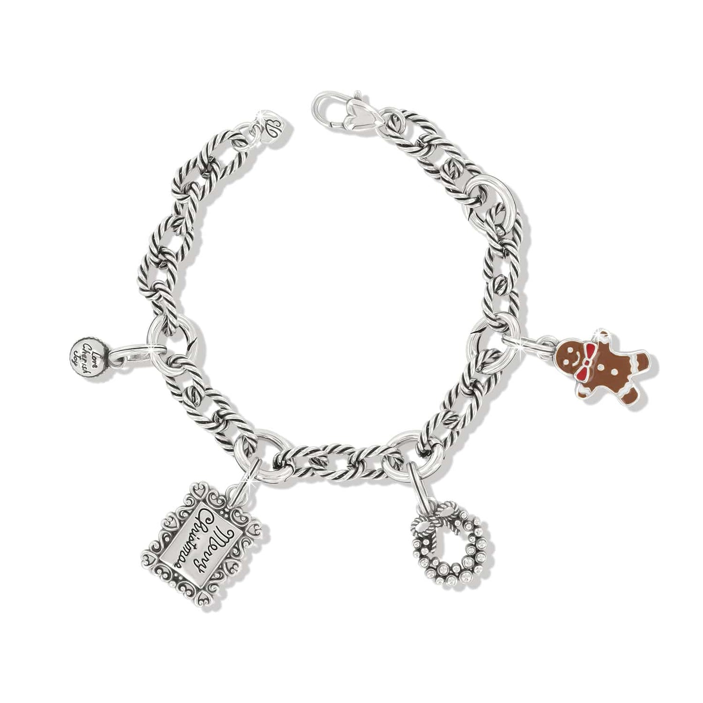 Brighton charm bracelet with silver-tone twisted chain, gingerbread man, Merry Christmas frame, and crystal wreath charms on a white background