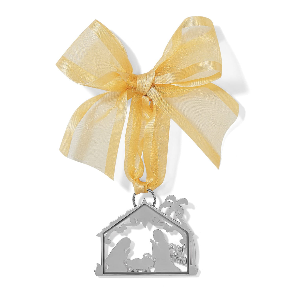 Brighton nativity scene ornament in silver-plated finish with yellow sheer ribbon bow on a white background