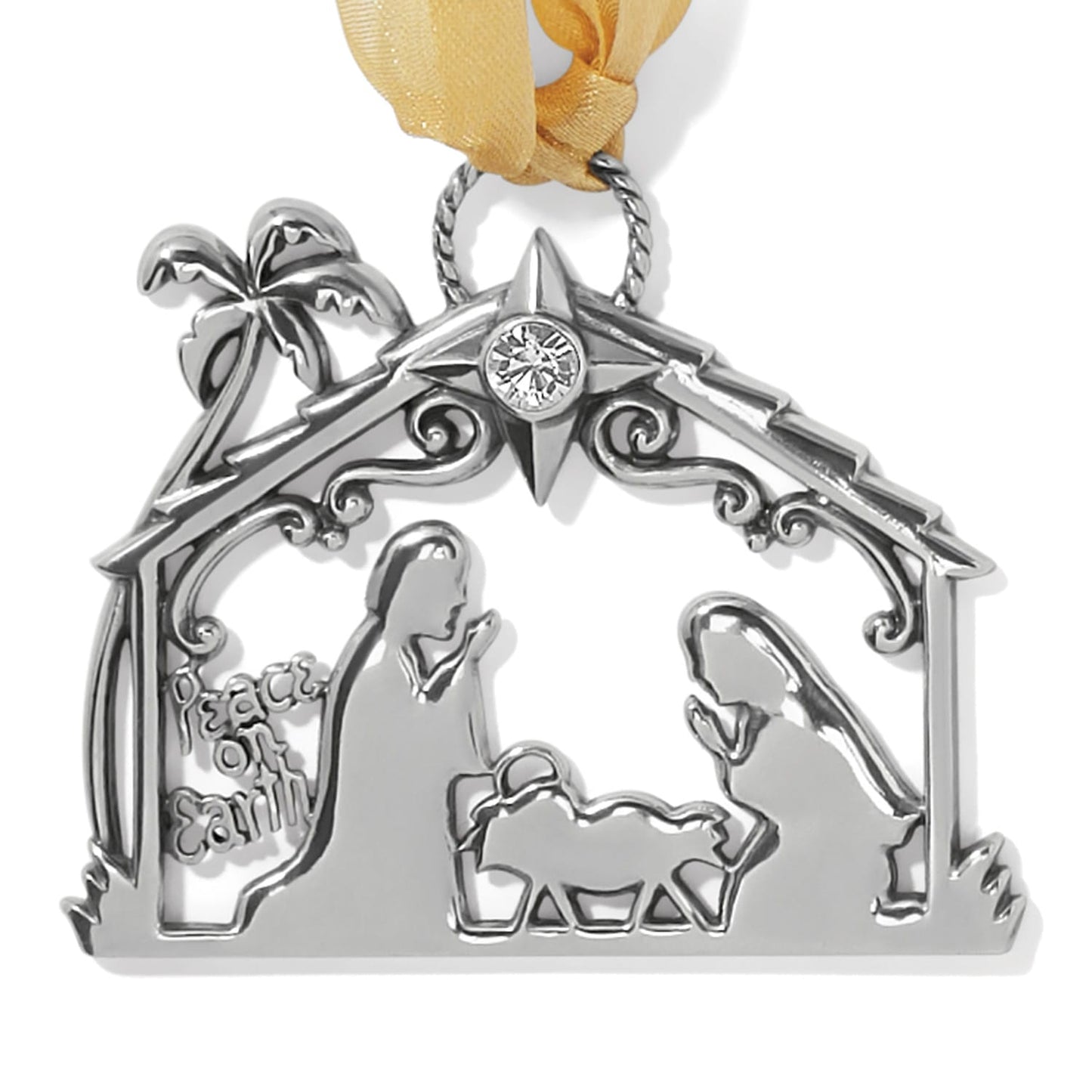 Brighton silver-plated nativity ornament with crystal star, Peace on Earth engraving, and gold ribbon on a white background