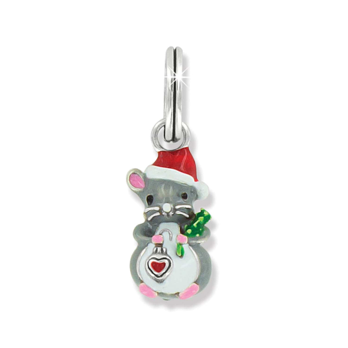 Brighton mouse charm with red enamel Santa hat, gray body, and heart ornament detail on a white background