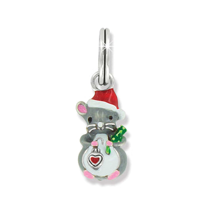 Brighton mouse charm with red enamel Santa hat, gray body, and heart ornament detail on a white background