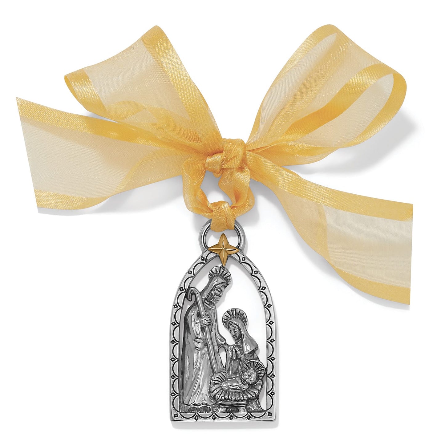 Brighton nativity ornament with silver-tone Holy Family figures, gold-tone star, and yellow organza ribbon bow on a white background