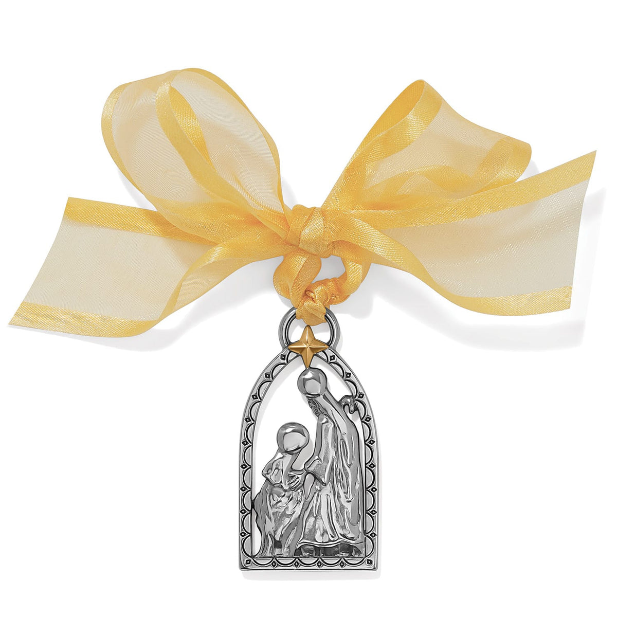 Brighton nativity ornament with silver-tone Holy Family figures, gold star accent, and sheer yellow ribbon on a white background