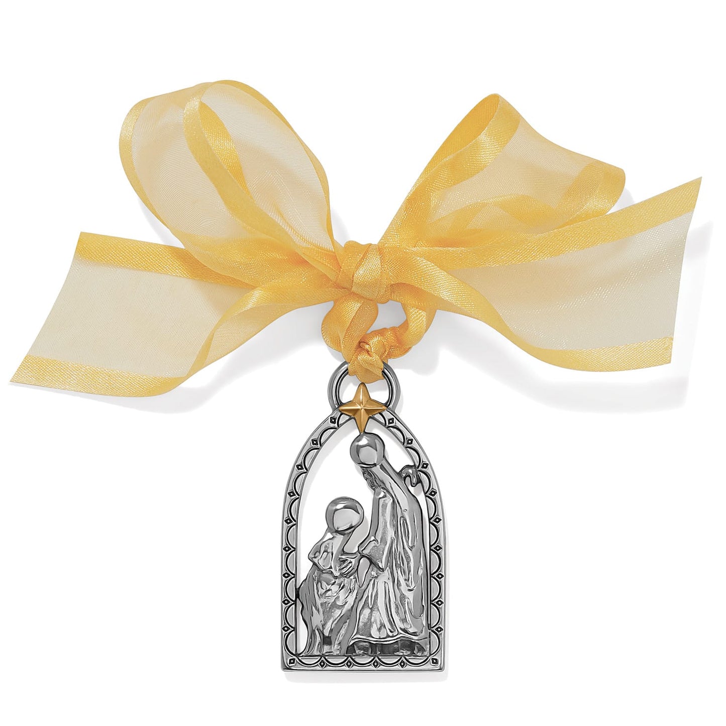 Brighton nativity ornament with silver-tone Holy Family figures, gold star accent, and sheer yellow ribbon on a white background