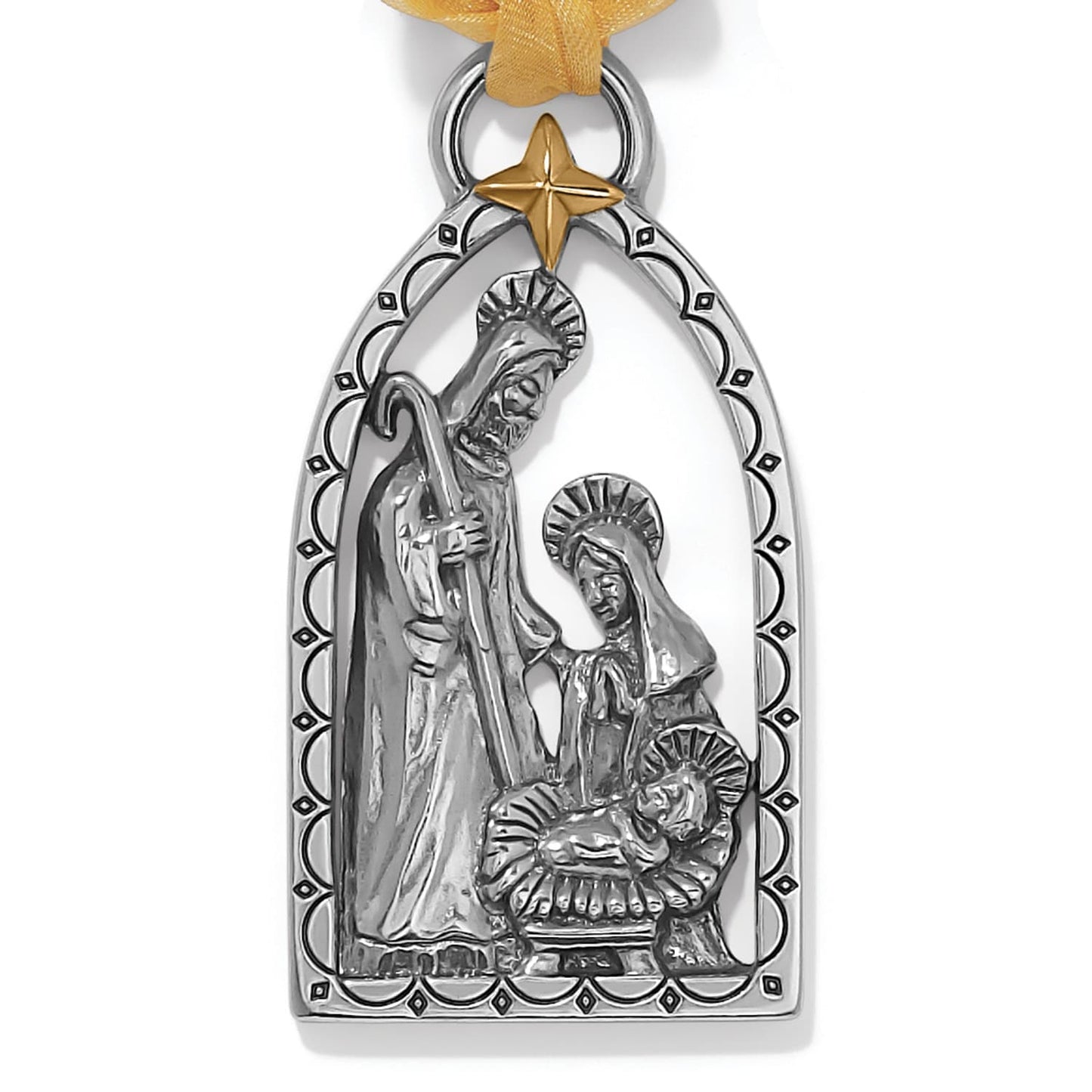 Brighton nativity ornament with silver-tone Holy Family figures, gold star accent, and yellow ribbon on a white background
