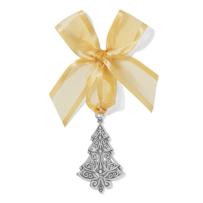 Brighton silver-plated Christmas tree ornament with scrollwork design and crystal accents tied with gold ribbon on a white background