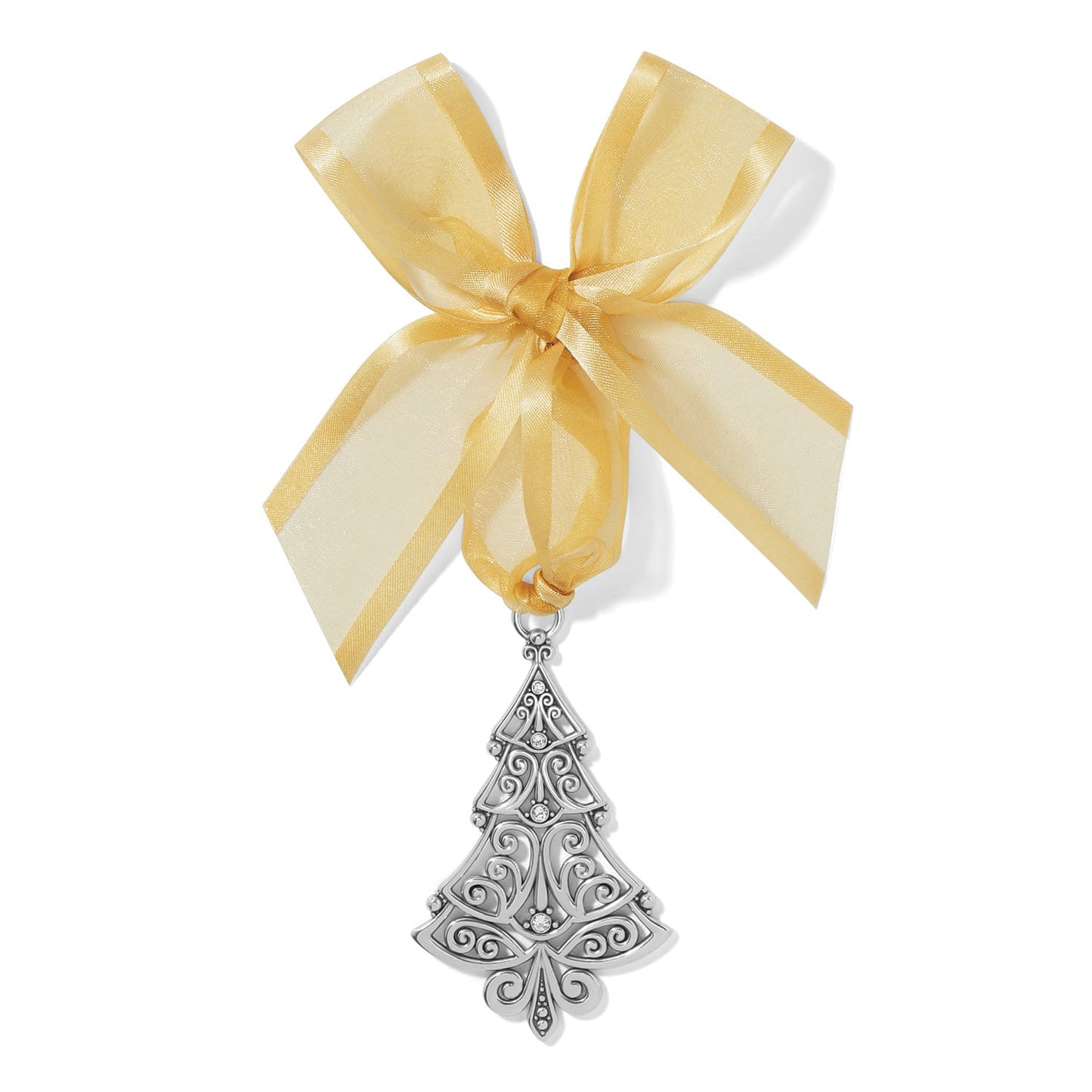Brighton silver-plated Christmas tree ornament with scrollwork design and crystal accents tied with gold ribbon on a white background