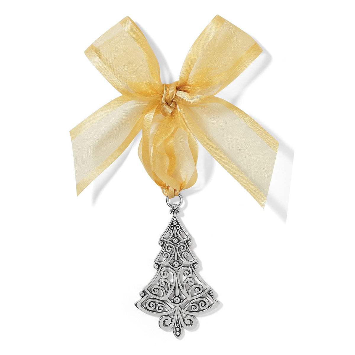 Brighton Christmas tree ornament with silver-plated scrollwork design and gold sheer ribbon bow on a white background