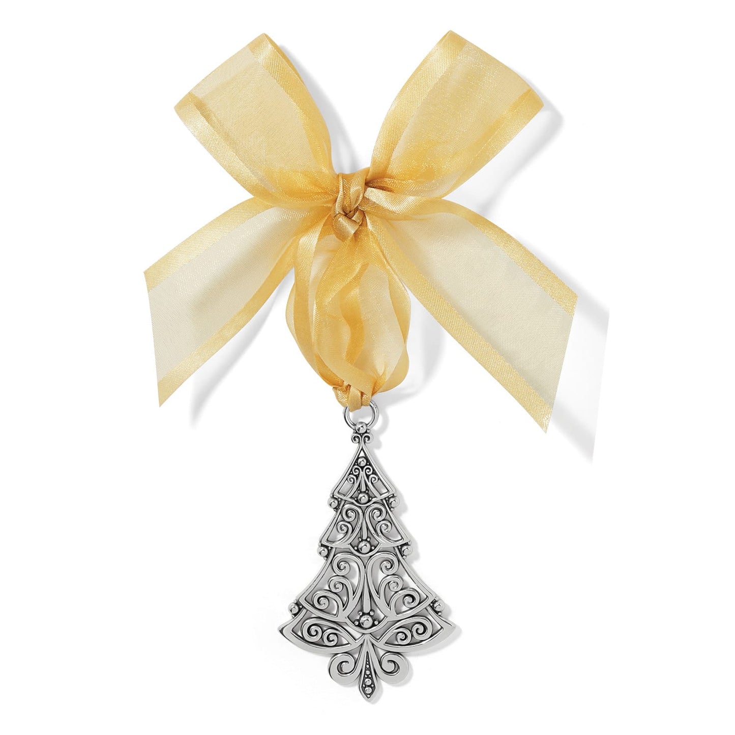 Brighton Christmas tree ornament with silver-plated scrollwork design and gold sheer ribbon bow on a white background