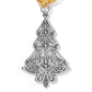 Brighton Christmas tree ornament with silver-plated filigree scrollwork design and gold ribbon hanger on a white background