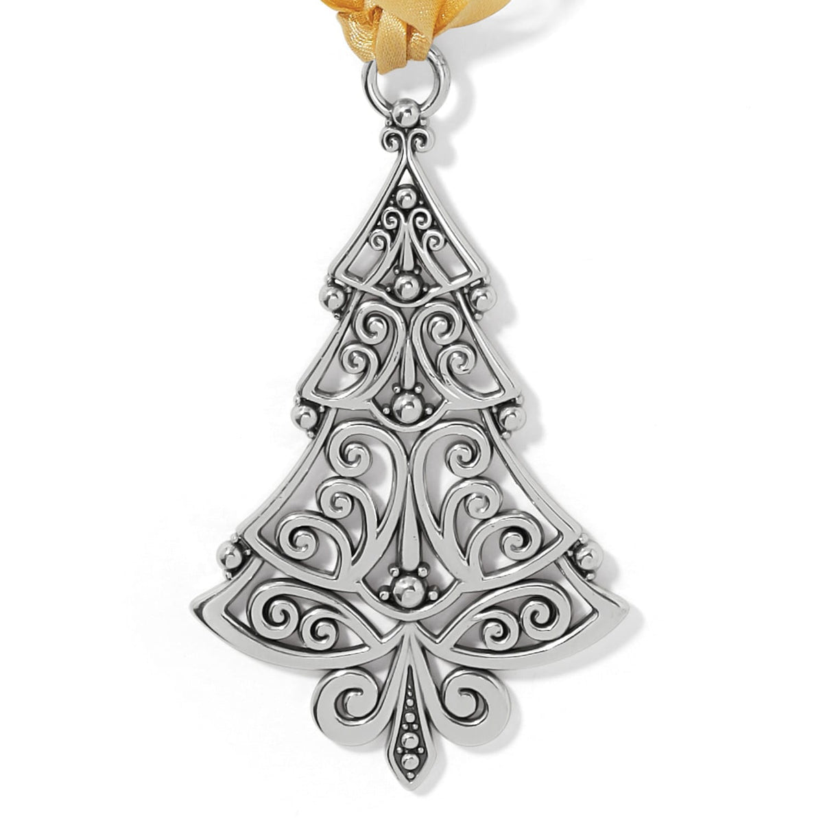 Brighton Christmas tree ornament with silver-plated filigree scrollwork design and gold ribbon hanger on a white background