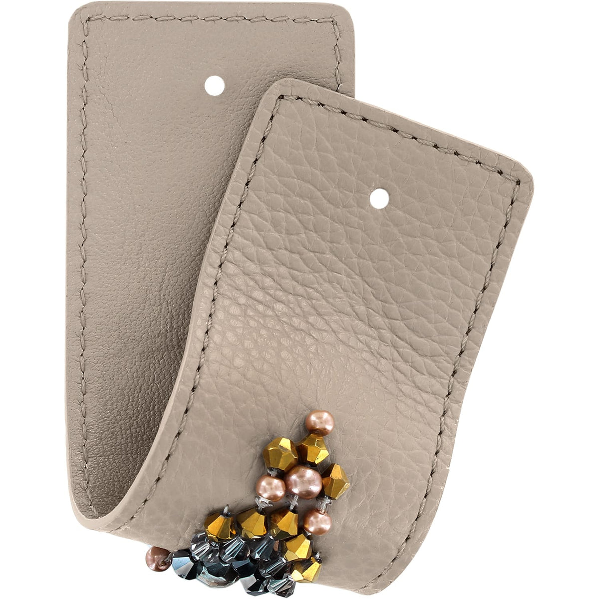 Brighton taupe leather bag accents with stitched edges and beaded charm detail on a white background