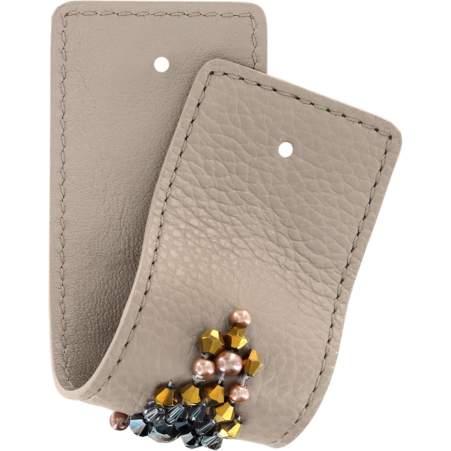 Brighton taupe leather bag accents with stitched edges and beaded charm detail on a white background