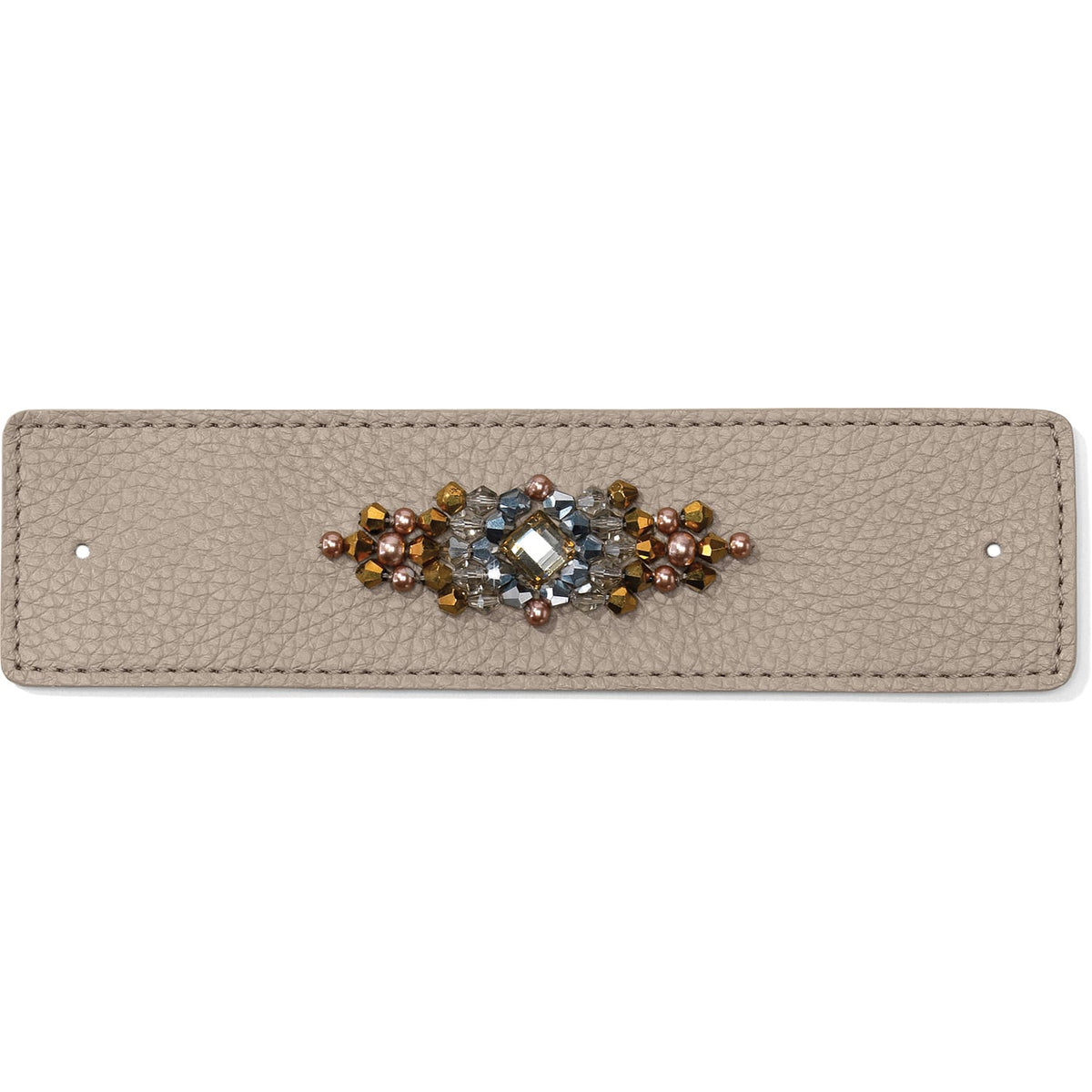 Brighton taupe leather bracelet strap with central beaded cluster of crystal, bronze, and copper beads on a white background