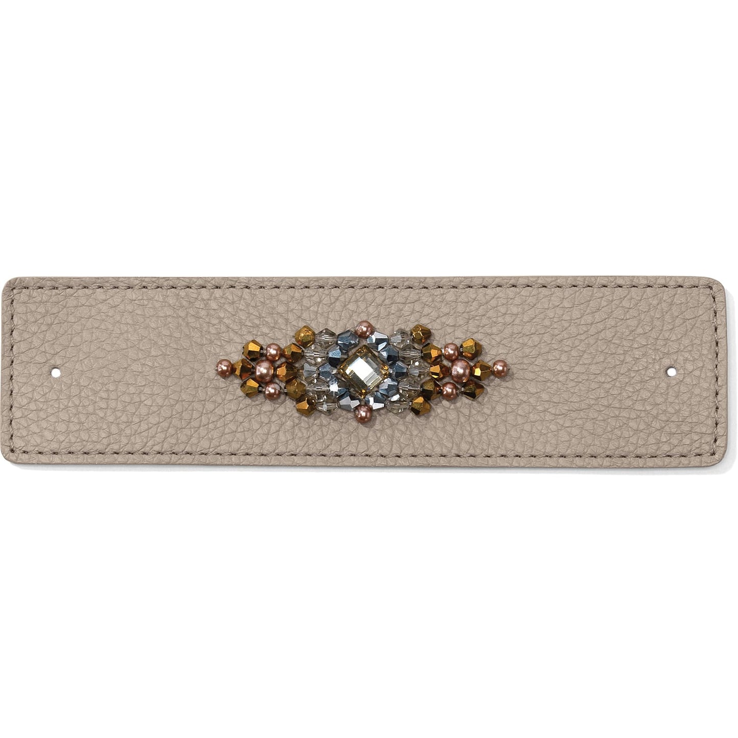 Brighton taupe leather bracelet strap with central beaded cluster of crystal, bronze, and copper beads on a white background