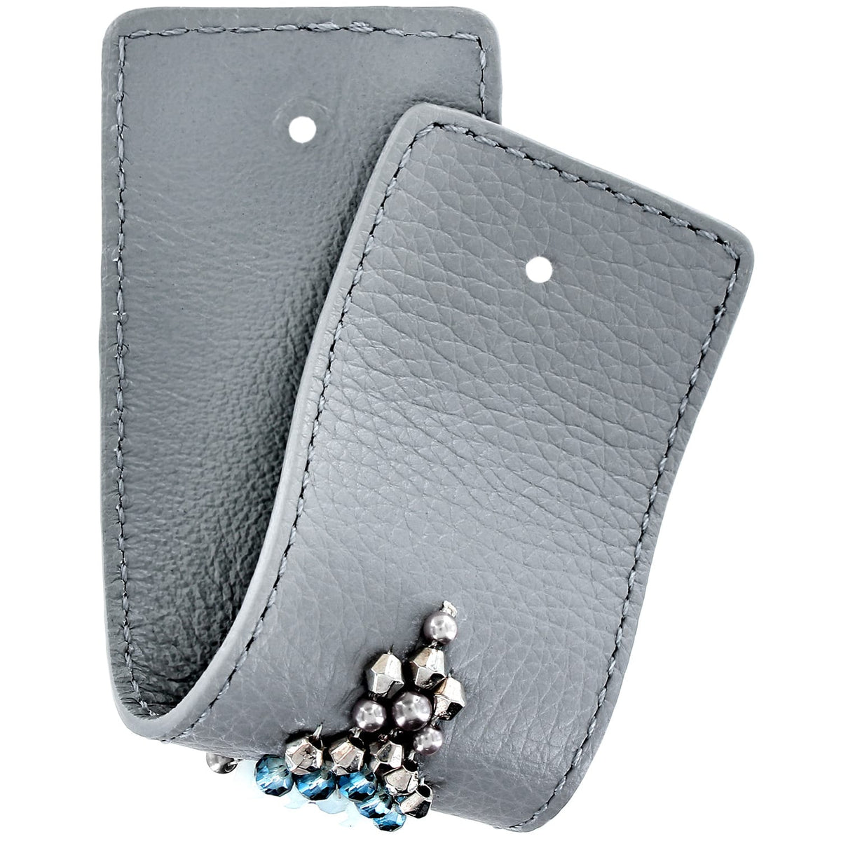 Brighton gray leather jewelry pouches with stitched edges and blue crystal beaded earrings peeking out on a white background