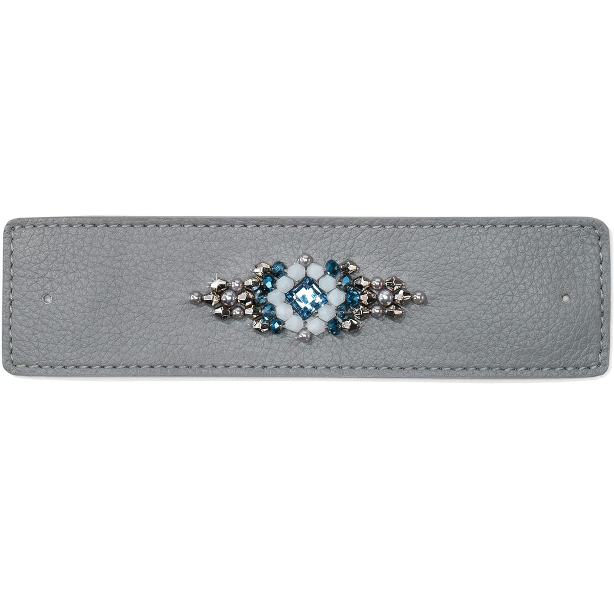 Brighton gray leather bracelet strap with blue crystal and white beaded centerpiece on a white background