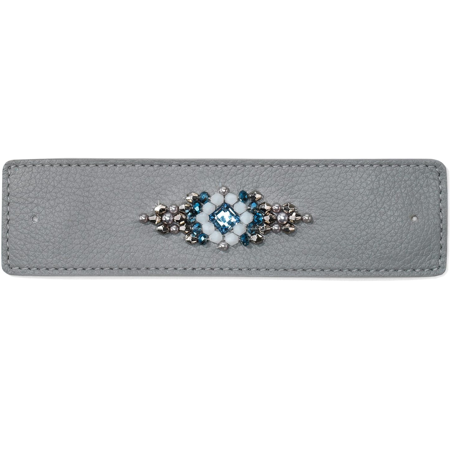 Brighton gray leather bracelet strap with blue crystal and white beaded centerpiece on a white background