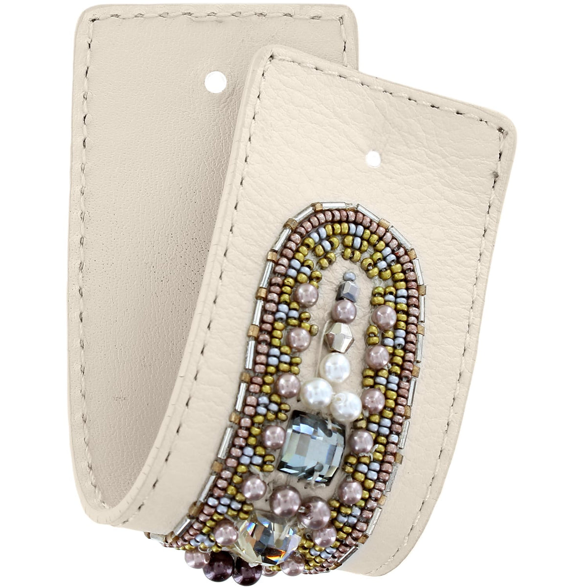 Brighton ivory leather money clip with beaded arch design featuring pearls and crystal accents on a white background