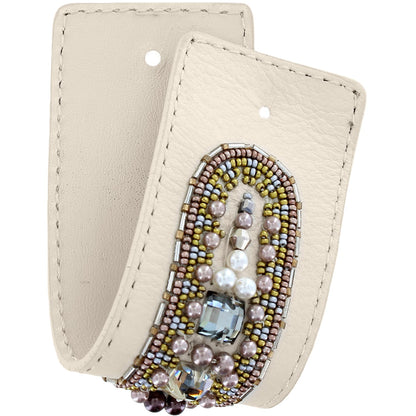 Brighton ivory leather money clip with beaded arch design featuring pearls and crystal accents on a white background