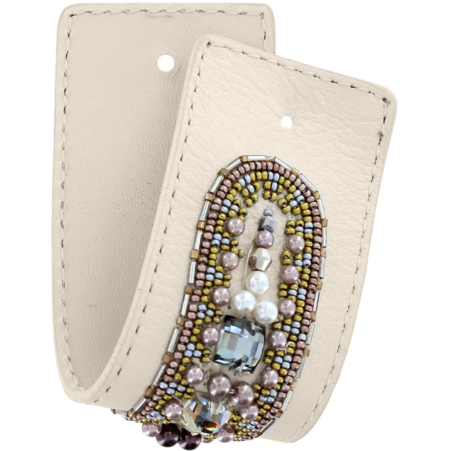 Brighton ivory leather money clip with beaded arch design featuring pearls and crystal accents on a white background