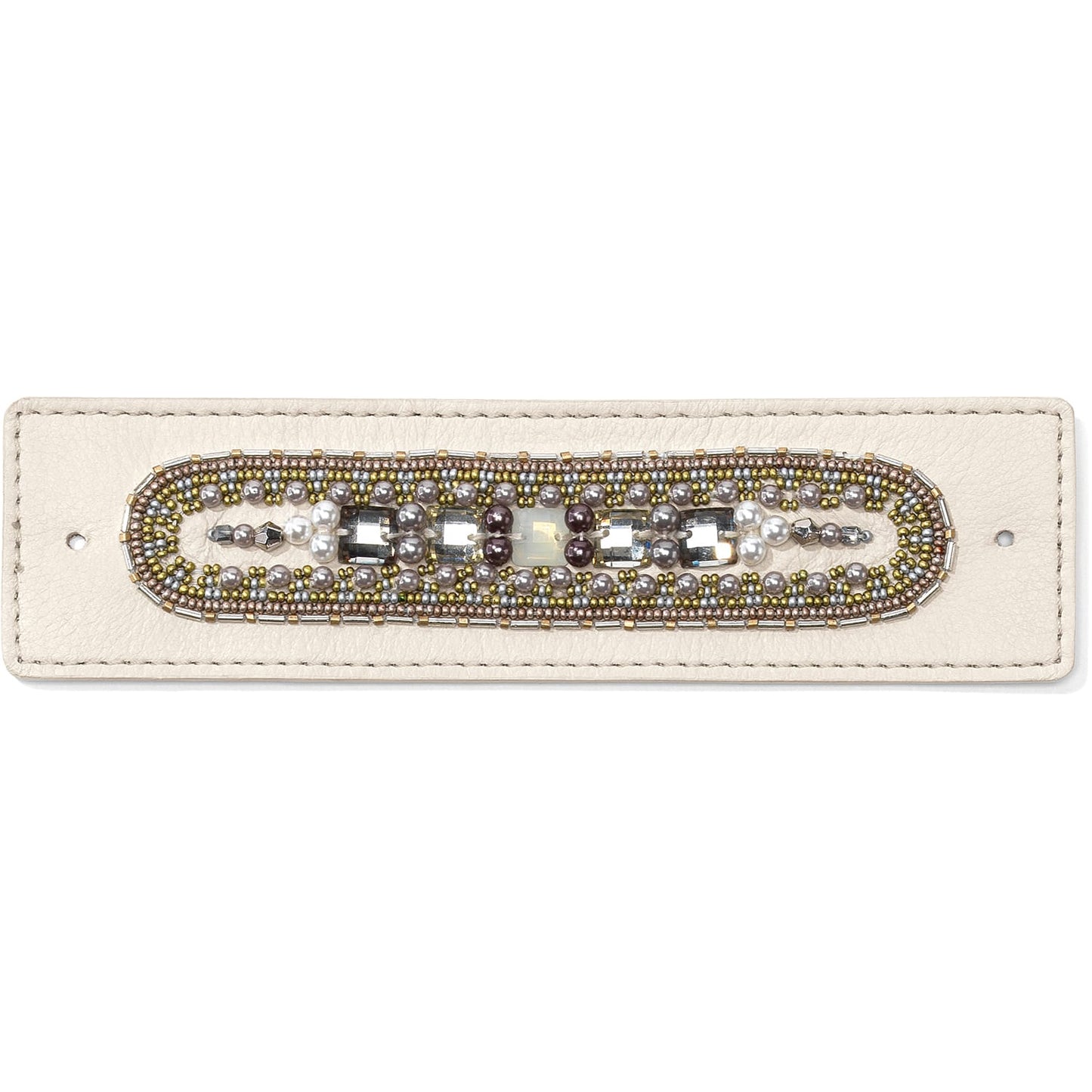 Brighton cream leather bracelet with beaded oval medallion, crystals, and pearl accents on a white background