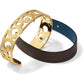 Brighton bracelet with gold-plated openwork cuff and brown leather strap with blue interior on a white background