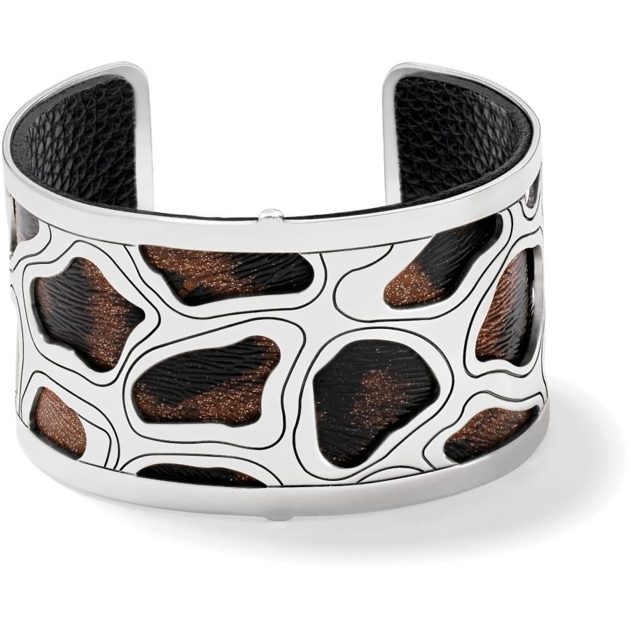 Brighton cuff bracelet with silver-plated cutout design over brown and black animal print interior on a white background