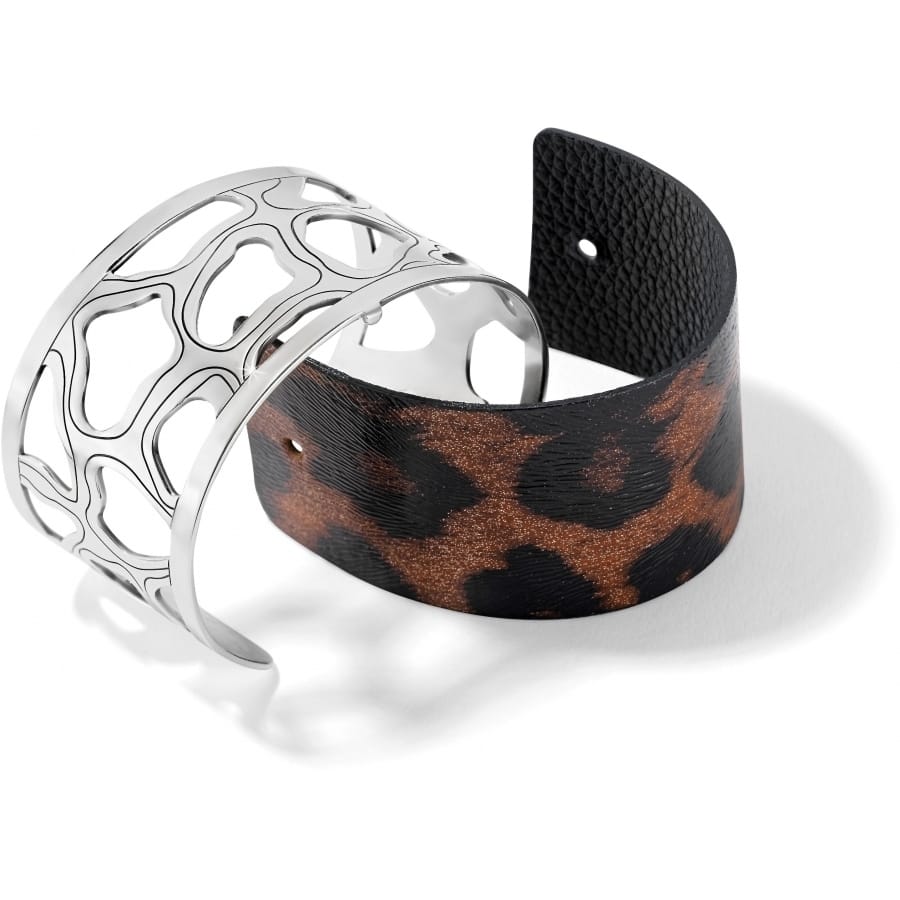 Brighton cuff bracelets featuring a silver-tone openwork design and a leopard print leather band on a white background