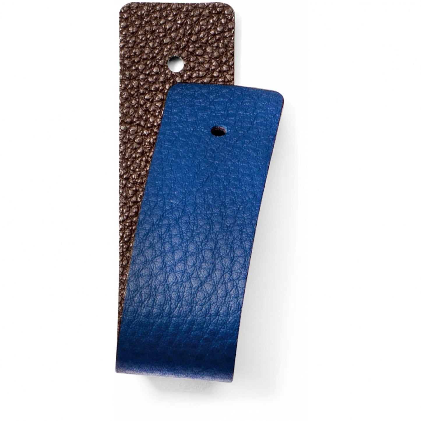 Brighton reversible leather belt strap showing brown pebbled side and blue textured side with punched holes on a white background
