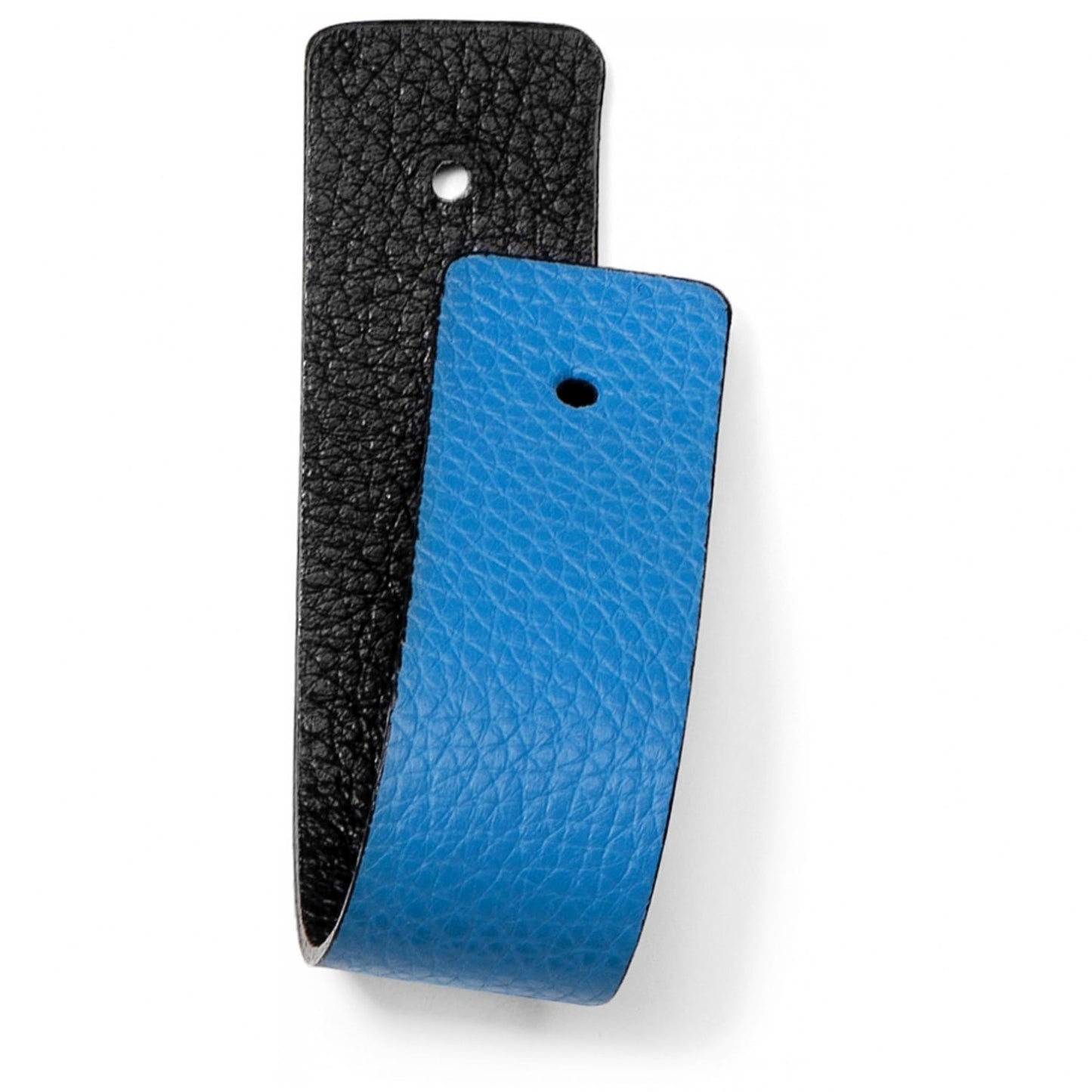 Brighton reversible leather belt strap showing black pebbled side and blue pebbled side with adjustment holes on a white background
